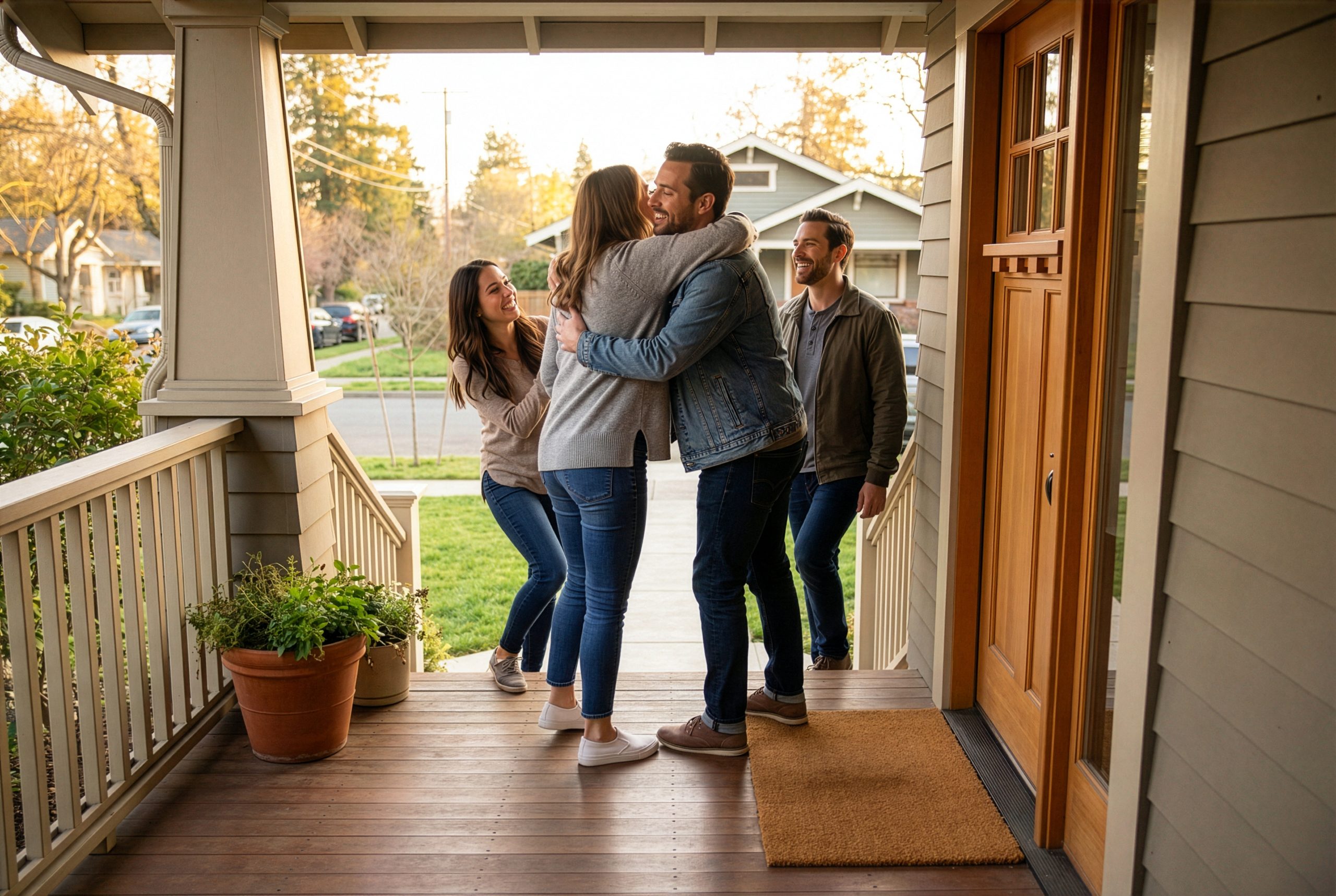 friends greeting each other with a hug on a front porch