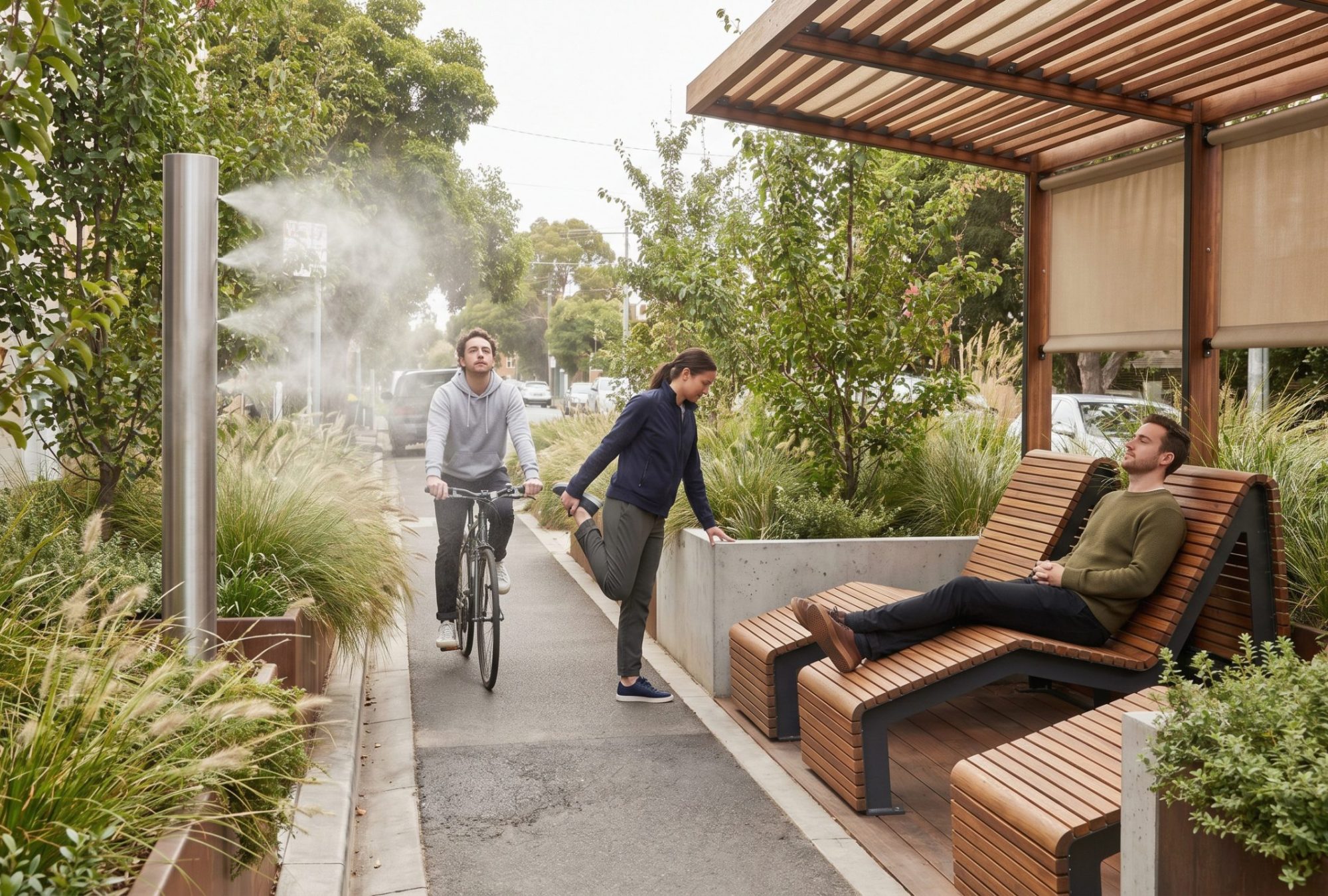 pocket park by the neighborhood curb helps urban recovery with shade and rest